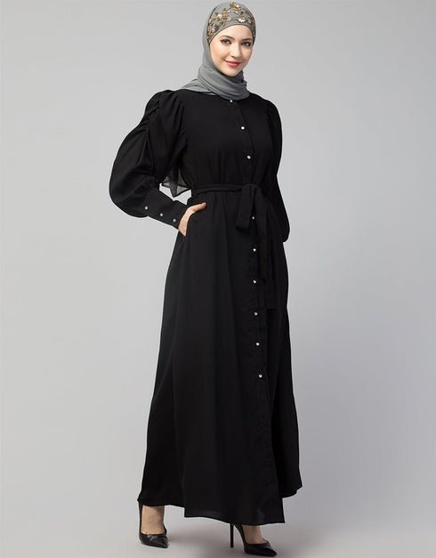 Islamic Front Open long Cuff Gathered Puffed Sleeve Casual Abaya in the Shade Of Black